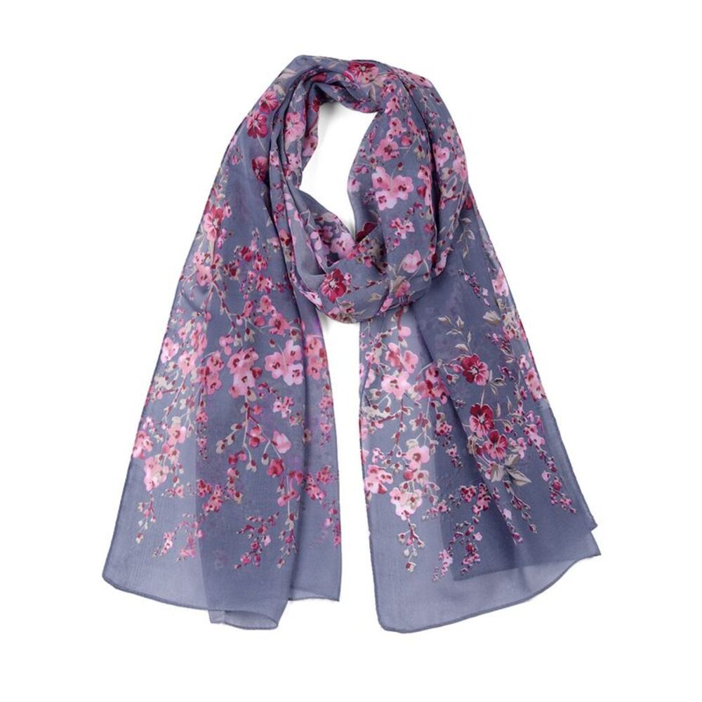 Long Chiffon Shawls Beach Scarf Silk Scarves Floral Print Scarves Denim Blue